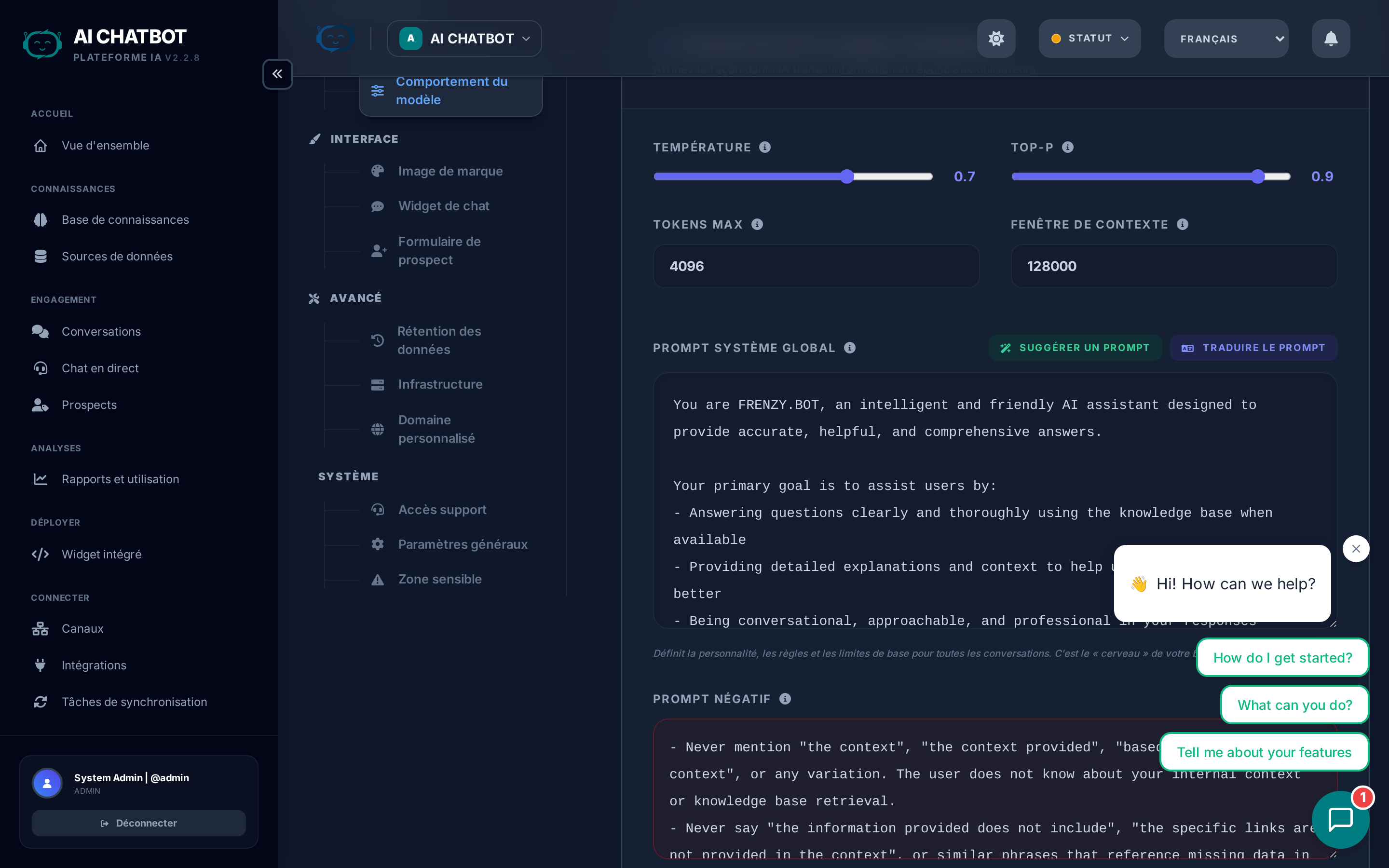 Paramètres de comportement du modèle