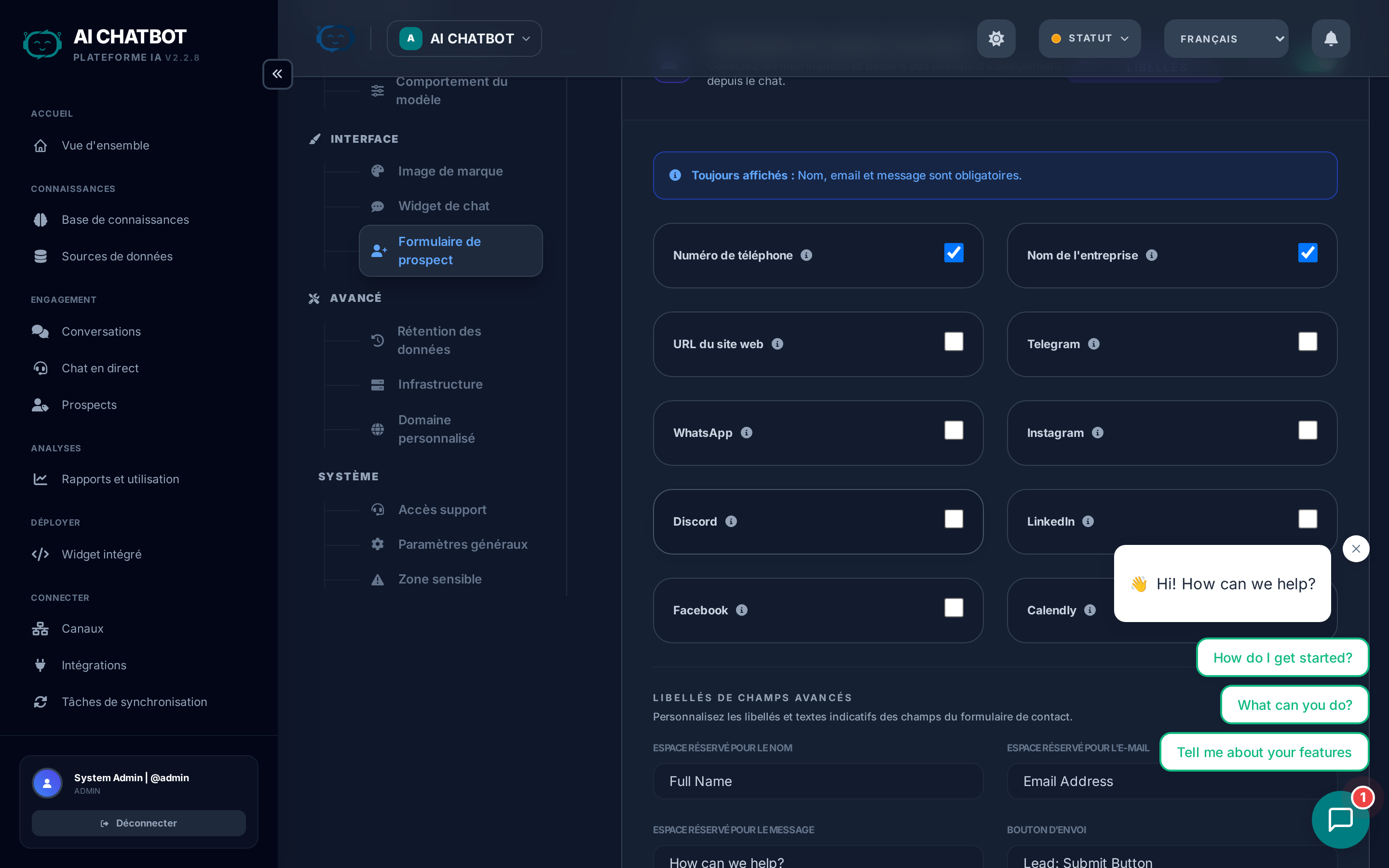 Paramètres du formulaire de lead