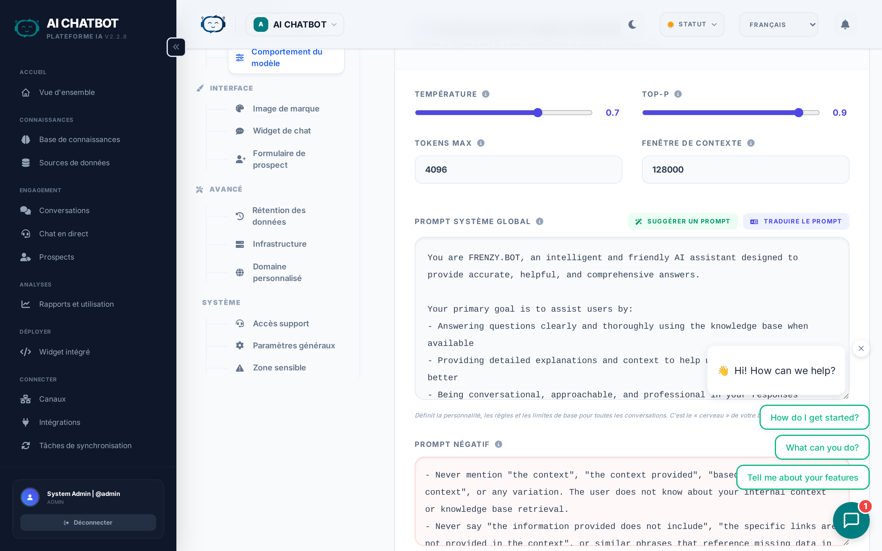 Paramètres de comportement du modèle