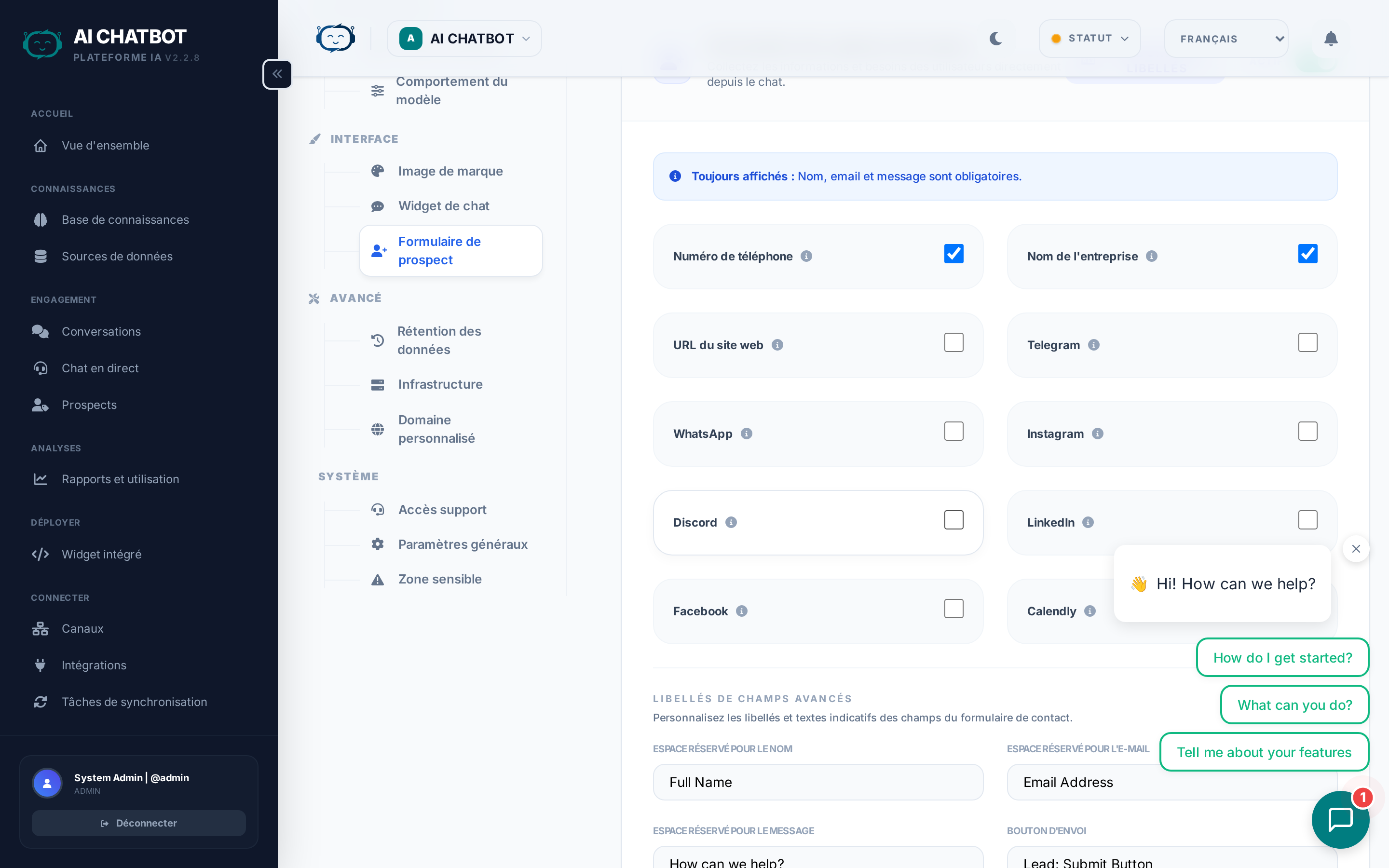 Paramètres du formulaire de lead
