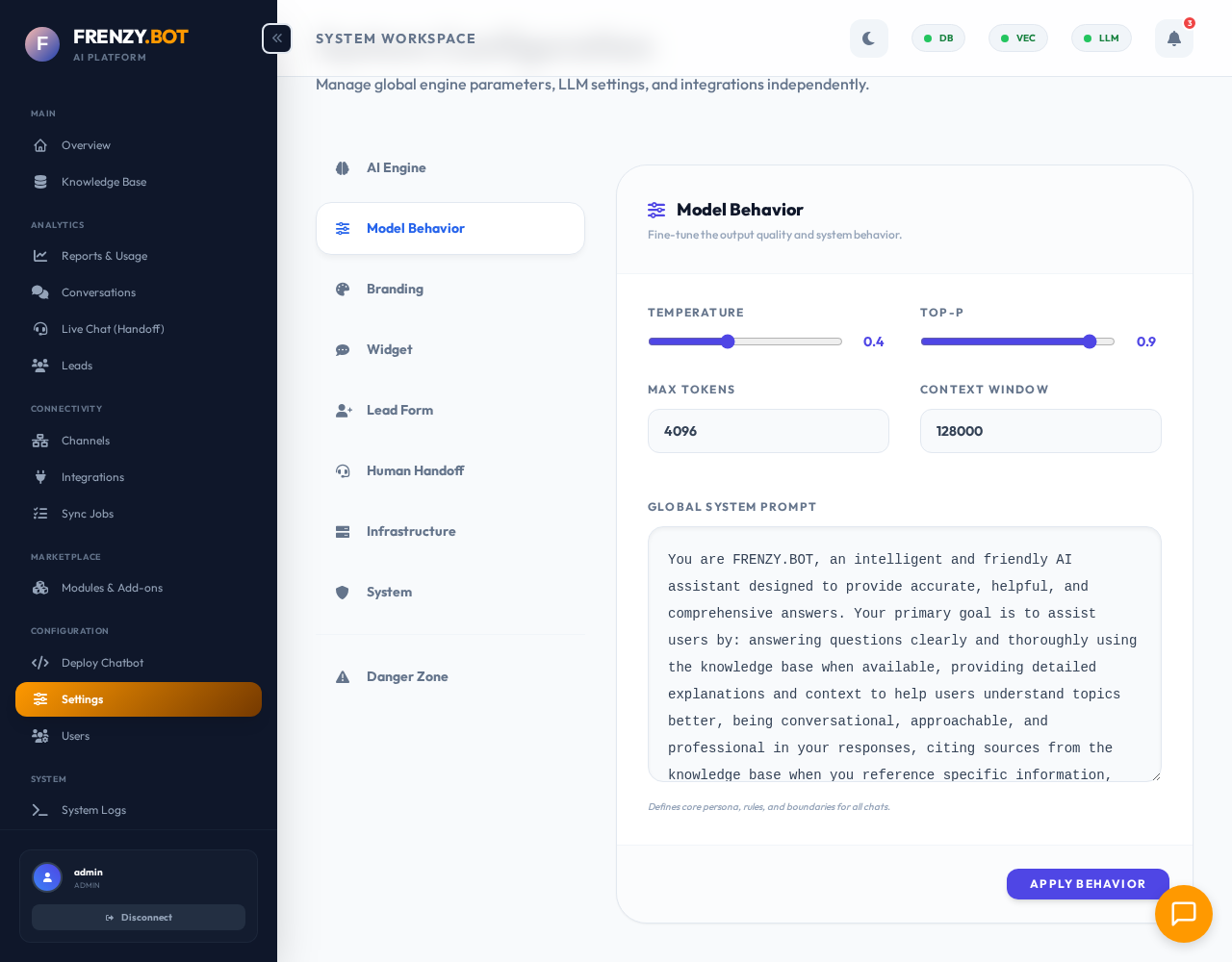 Model Behavior Settings